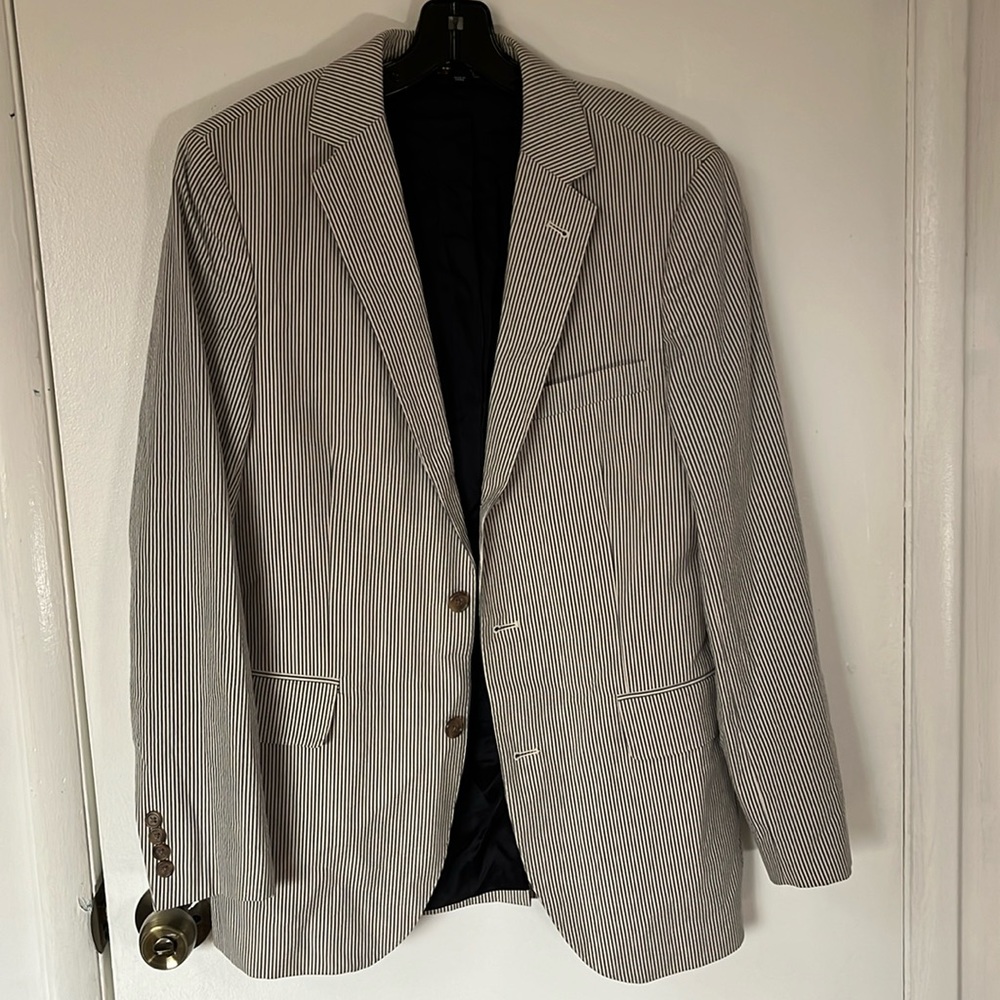 J Crew Legacy Sports Coat White & Grayish Navy Blue Striped Cotton Seersucker